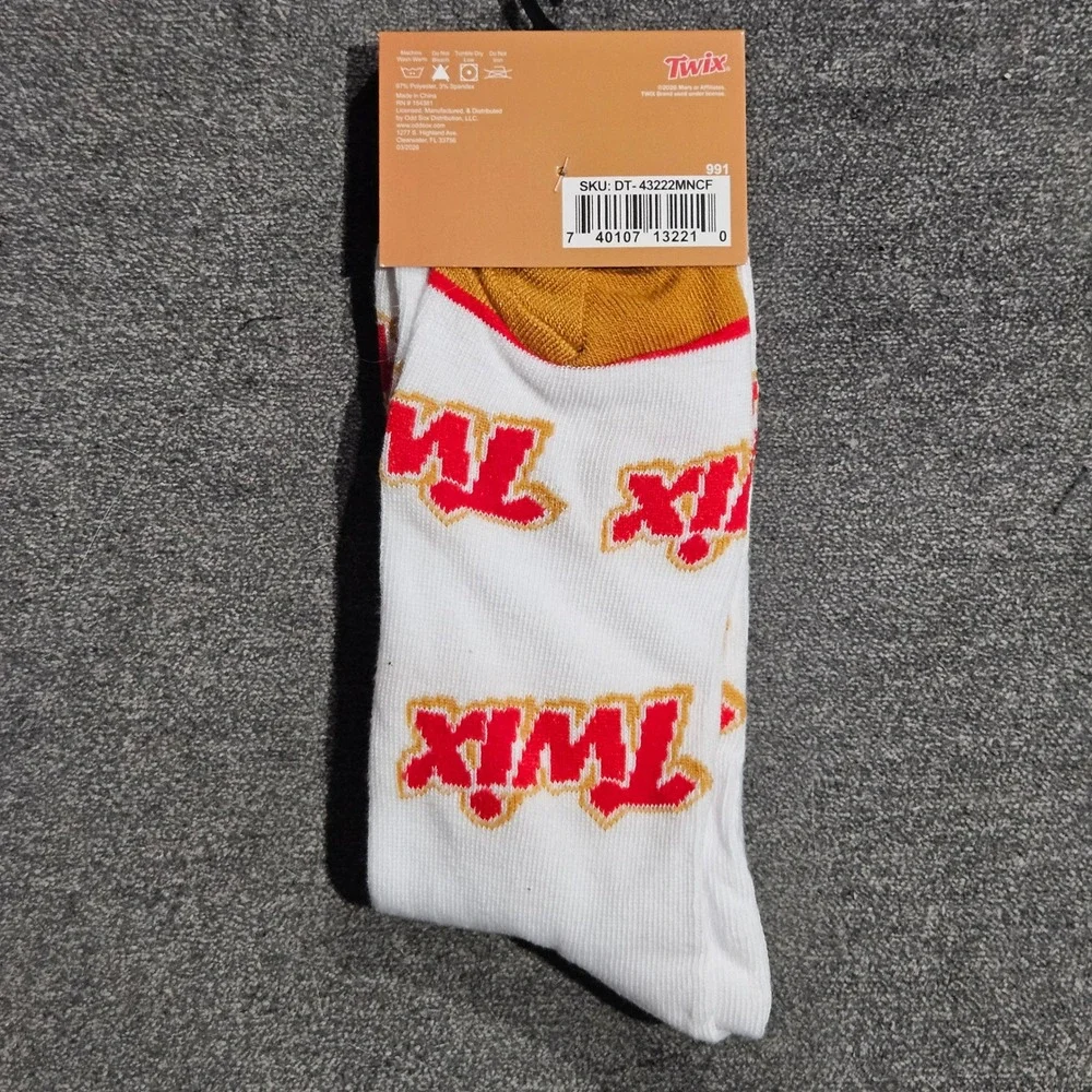 Twix Candy Logo Crew Socks Mens Shoe Size 6-12 White Red Gold‎ Novelty Odd Sox